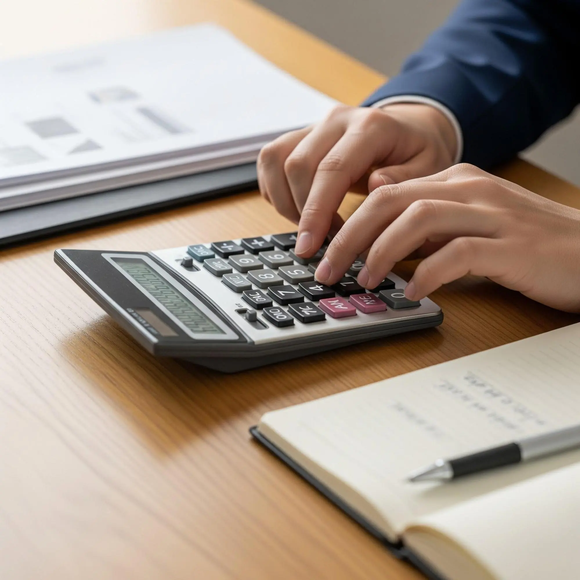 Personne en train de calculer des frais de dédouanement à l’aide d’une calculatrice