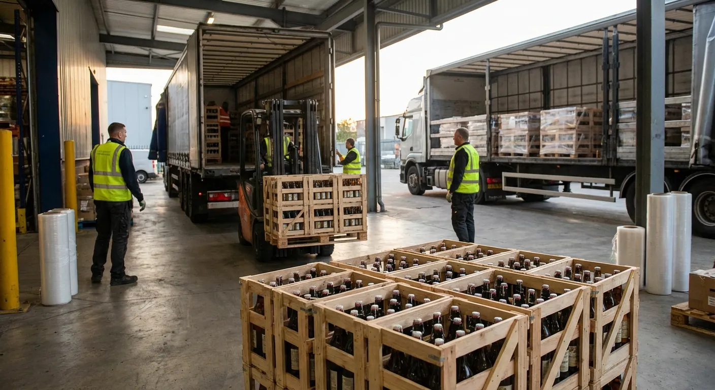 Chargement de palettes de bouteilles de vin dans un camion sur un quai logistique en vue d’une expédition vin